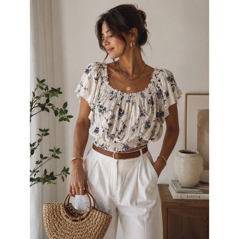 Smocked Floral Crop Blouse in Cream and Navy